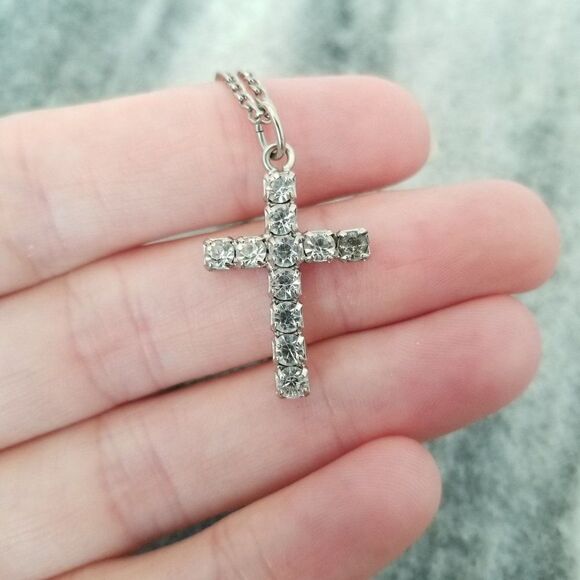 Vintage Rhinestone Cross Pendant Necklace, Silver Tone Chain, Estate - Picture 1 of 5